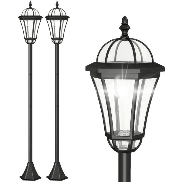 2 Candeeiros Solares de Jardim com 2 Luzes LED Branca Impermeável IP44 Ligação Automática Conjunto de 2 Candeeiros de Exterior para Caminho Terraço Pátio 18,5x18,5x129 cm Preto