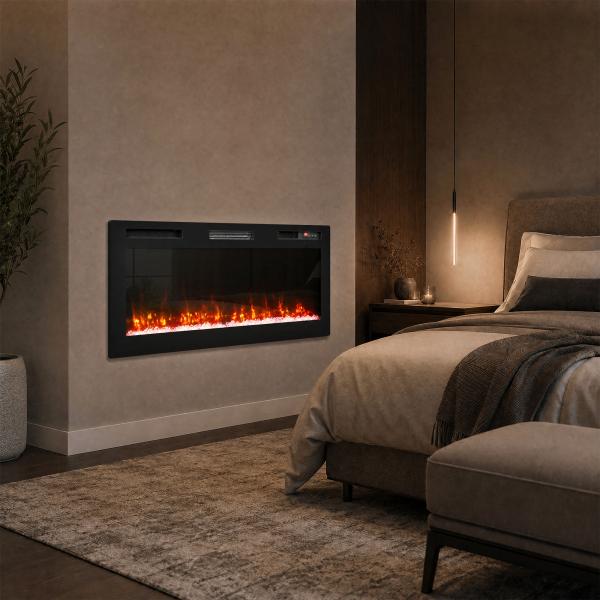 Lareira Elétrica Ultrafina 900/1800 W Encastrável/Mural/De Pé, 12 Cores de Chama 3D, Comando à Distância, até 35 m², Preta