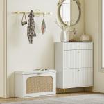 Banco para Sapatos Boho com Assento Acolchoado Porta de Rattan Gaveta Basculante Prateleira Ajustável 8 Pares 80x26x47,5 cm Branco