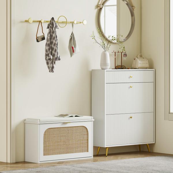 Banco para Sapatos Boho com Assento Acolchoado Porta de Rattan Gaveta Basculante Prateleira Ajustável 8 Pares 80x26x47,5 cm Branco
