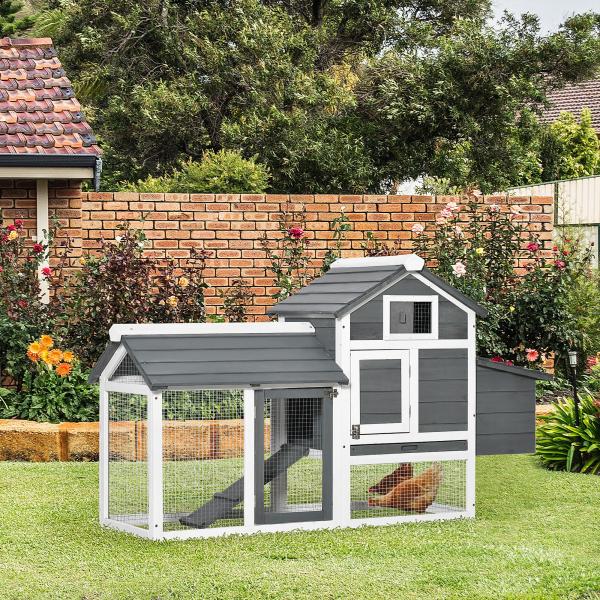 Galinheiro de Madeira para Exterior Gaiola para 2 - 3 Galinhas com Cercado de Arame Teto Abatível Caixa Ninho Bandeja Removível e Rampa 150,5x54x87cm Cinza e Branco