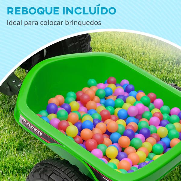 Quadriciclo Elétrico para Crianças com Reboque Bateria 6V de 18 - 36 Meses com Velocidade 2,5 km/h 106x41,5x48,5 cm Verde