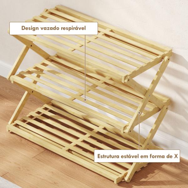 Sapateira Estreita de Bambu Dobrável de 3 Níveis para Entrada Corredor Quarto 60x29x45,5 cm Madeira