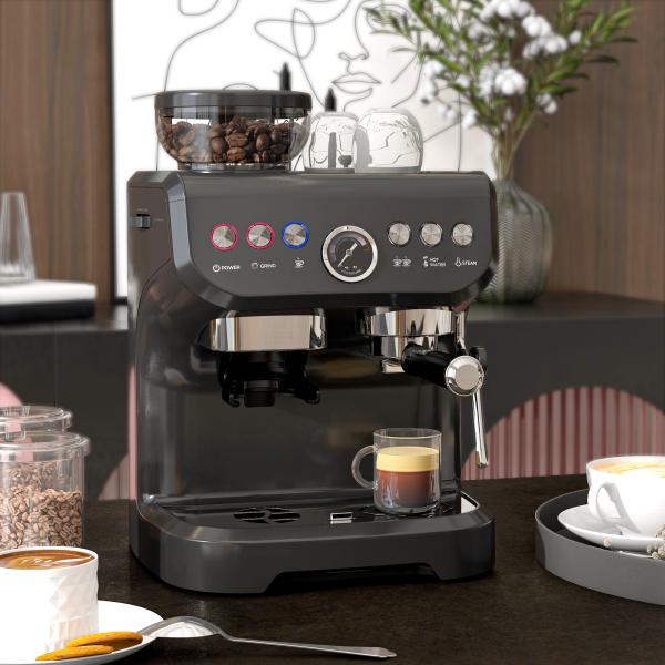 Máquina de Café Expresso 15 Bares 1600 W com Moinho de 15 Níveis e Vaporizador de Leite para Cappuccino e Latte Preta