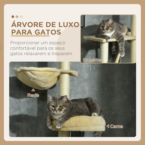 Arranhador para Gatos do Solo ao Teto de 230 - 250 cm com Altura Ajustável Múltiplas Plataformas Rede Bolas Suspensas Bege