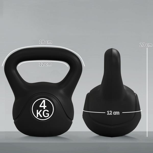 Peso Russo de 4 kg Kettlebell Fitness Preenchido de Areia com Punho Largo Antiderrapante 18x12x20 cm Preto