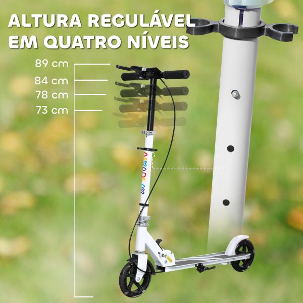 Trotinete Dobrável para Crianças de 3 - 8 Anos com Luzes LED Guiador com 4 Alturas Ajustáveis Travão Traseiro e de Mão 73x36x73 - 89 cm Branco