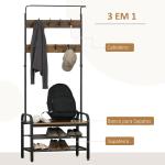 Móvel Cabide de Entrada com 8 Ganchos e Sapateira Armário de Entrada com Cabides 72x34x185cm Marrom e Preto