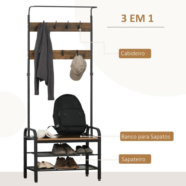 Móvel Cabide de Entrada com 8 Ganchos e Sapateira Armário de Entrada com Cabides 72x34x185cm Marrom e Preto