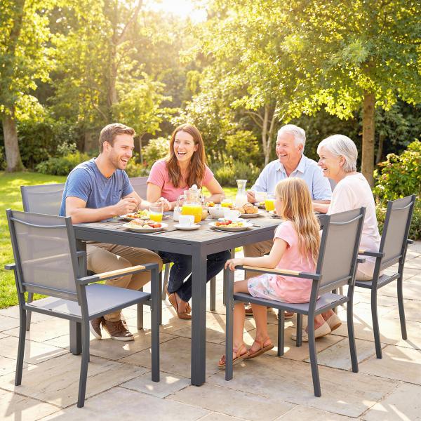 Conjunto de Mesa e Cadeiras de Jardim de 7 Peças Móveis de Jardim para Exterior com Mesa de Plástico PSPC 6 Cadeiras Empilháveis Cinza Escuro