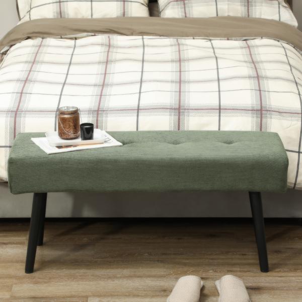 Banco de Pé de Cama em Bombazina com Assento Acolchoado, Design Capitoné e Pernas de Aço para Quarto Branco Verde