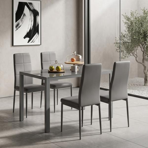 Conjunto de Sala de Jantar 5 Peças com Mesa Retangular de Vidro Temperado e 4 Cadeiras em PU Cinzento