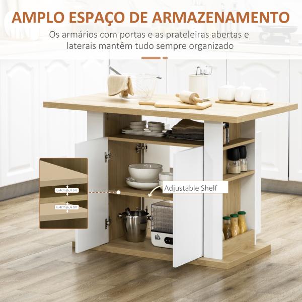 Ilha de Cozinha para 4 Pessoas com 4 Portas, Compartimentos Abertos e Prateleira Ajustável 110x70x75,5 cm Carvalho e Branco