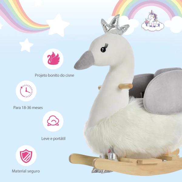 Cavalo Baloiço para Bebés com Forma de Cisnei com Sons Apoio para os Pés e Cinto de Segurança 60x33x59 cm Branco e Cinza