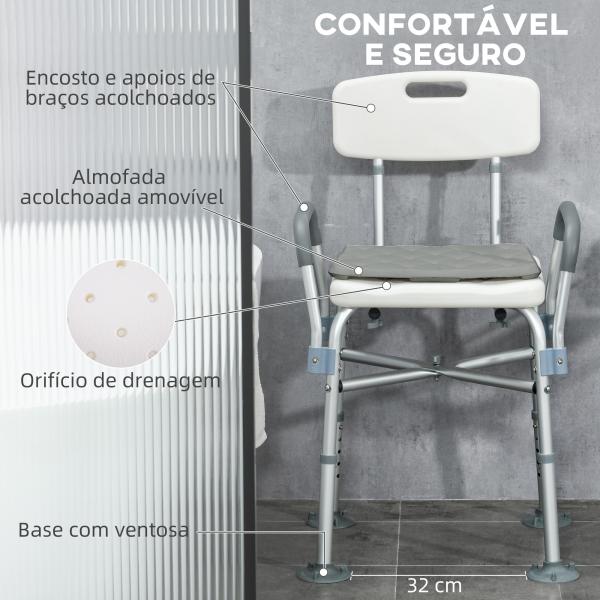 Cadeira de Duche para Idosos com Encosto Apoios de Braço Altura Ajustável Almofada Acolchoada Removível 53,5x52x80 - 90 cm Branco