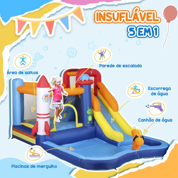 Castelo Insuflável com Insuflador 5 em 1 com Escorrega Piscina Parede de Escalada e Canhão de Água 360x250x195 cm Multicor