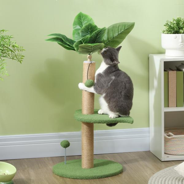 Árvore Arranhadora para Gatos 83 cm com Folhas Artificiais, Poste em Juta, Plataformas em Pelúcia e 2 Brinquedos, Verde
