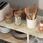 Estante de Cozinha com 1 Cesto 4 Ganchos em S 6 Pés com Almofadas Ajustáveis e Prateleiras 90x40x84,5 cm Carvalho e Branco