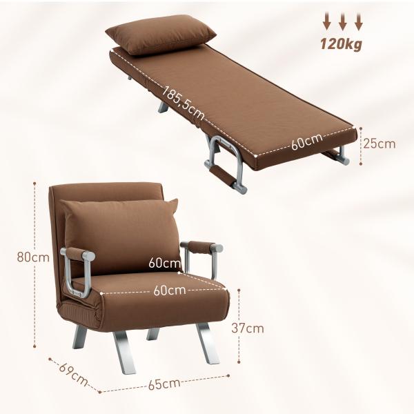 Sofá Cama Individual Sofá Cama Individual Sofá Reclinável com Almofada para Sala Quarto Carga 100 kg 65x69x80 cm Marrom