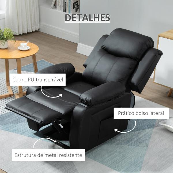 Poltrona Relax Levanta Pessoas com Controle Remoto Reclinação Elétrica de 160° Apoio para os Pés Encosto Estofado em PU e Bolsos Laterais 76x90x105cm Preto