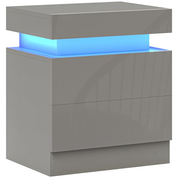 Mesa de Cabeceira com Luz LED Painel de Alto Brilho 2 Gavetas e Controlo Remoto para Dormitório 45x35x52 cm Cinzento