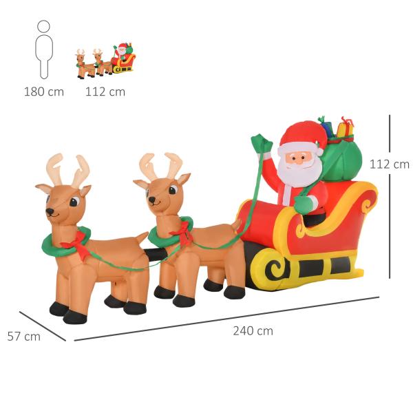 Pai Natal com Trenó e Renas Infláveis com Luzes LED Decoração de Natal para Exterior Ar Livre com Inflador 240x57x112cm Multicor