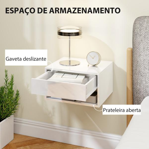 Conjunto de Mesas de Cabeceira Suspensas com Gaveta e Prateleira Aberta 37x32x21 cm Branco Brilhante