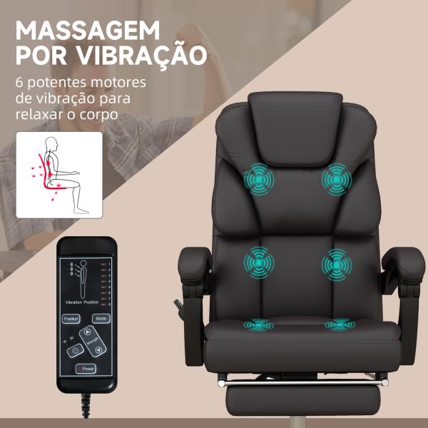 Cadeira de Escritório com 6 Pontos de Massagem Reclinável de PU com Controlo Remoto e Altura Ajustável 63x57x118 - 126 cm
