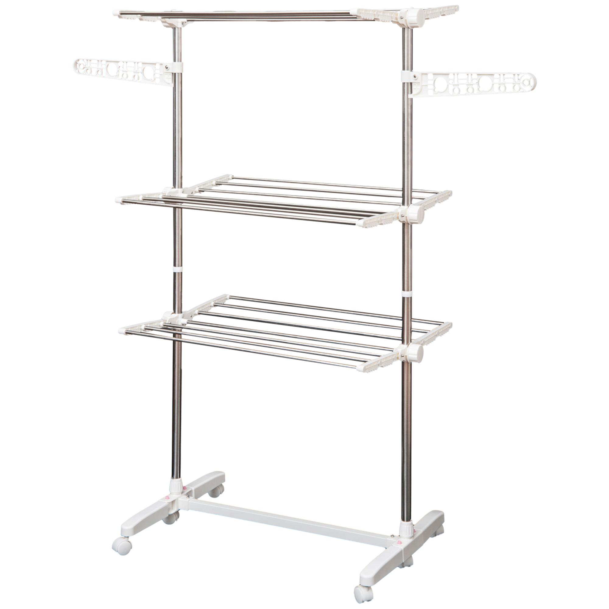 Estendal para Roupa Dobrável 80x55x152cm com 6 Rodas e 3 Prateleiras com Altura Ajustável de Aço Inoxidável Prateado