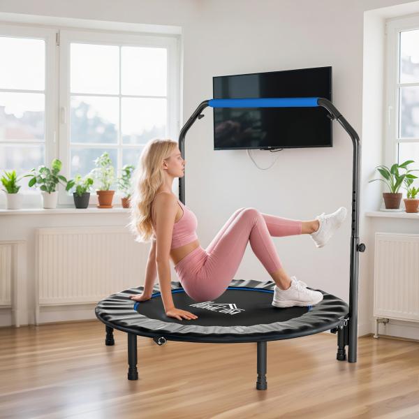 Trampolim Fitness Ø122 Trampolim Dobrável com Pega Ajustável em 4 Níveis Estrutura de Aço Azul
