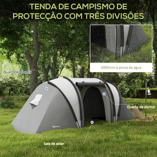 Tenda de Campismo Familiar para 4 - 5 Pessoas Impermeável 3000 mm com 2 Quartos Bolsa de Transporte e Gancho 450x220x180 cm Cinzento