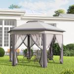 Tenda Dobrável 4x3,4 m Hexagonal com Duplo Teto 6 Mosquiteiras Destacáveis e Saco de Transporte Castanho e Bege