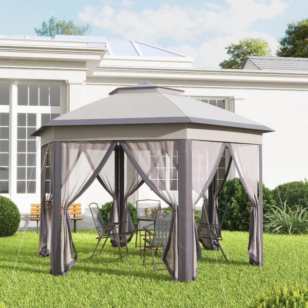Tenda Dobrável 4x3,4 m Hexagonal com Duplo Teto 6 Mosquiteiras Destacáveis e Saco de Transporte Castanho e Bege