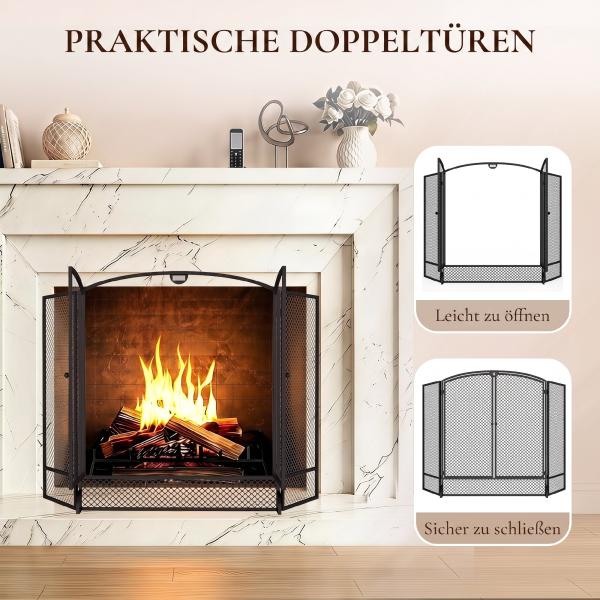 Proteção para Lareira Dobrável em Metal com 3 Painéis e Porta Dupla para Casa 122x75 cm Preto