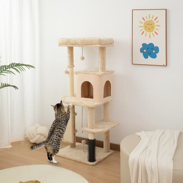 Arranhador para Gatos Grande Altura 132 cm com Plataformas Postes com Escova Bolas Suspensas e Almofadas para Arranhar Bege