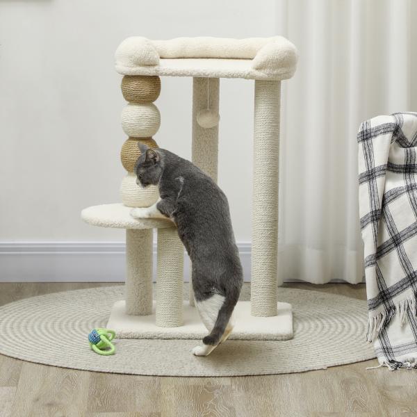 Arranhador para Gatos Arranhador para Gatos com Estofado em Borrego Plataformas Bola Suspensa e Poste de Juta 48,5x40x76 cm Bege