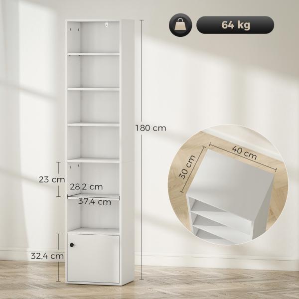 Estante de 7 Níveis Estante para Livros com Prateleiras Ajustáveis e Armário Estante Moderna 40x30x180 cm Branco