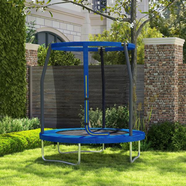 Trampolim Infantil Ø183 cm, para Crianças com Rede de Segurança Barras Acolchoadas Capa de Segurança e Estrutura de Aço Azul