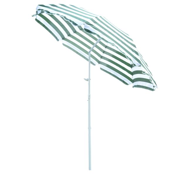 Chapéu de Sol de Praia Ø180cm com Teto Inclinável e Mastro de Metal Proteção Solar para Jardim Terraço Exterior Listras Verdes e Branco