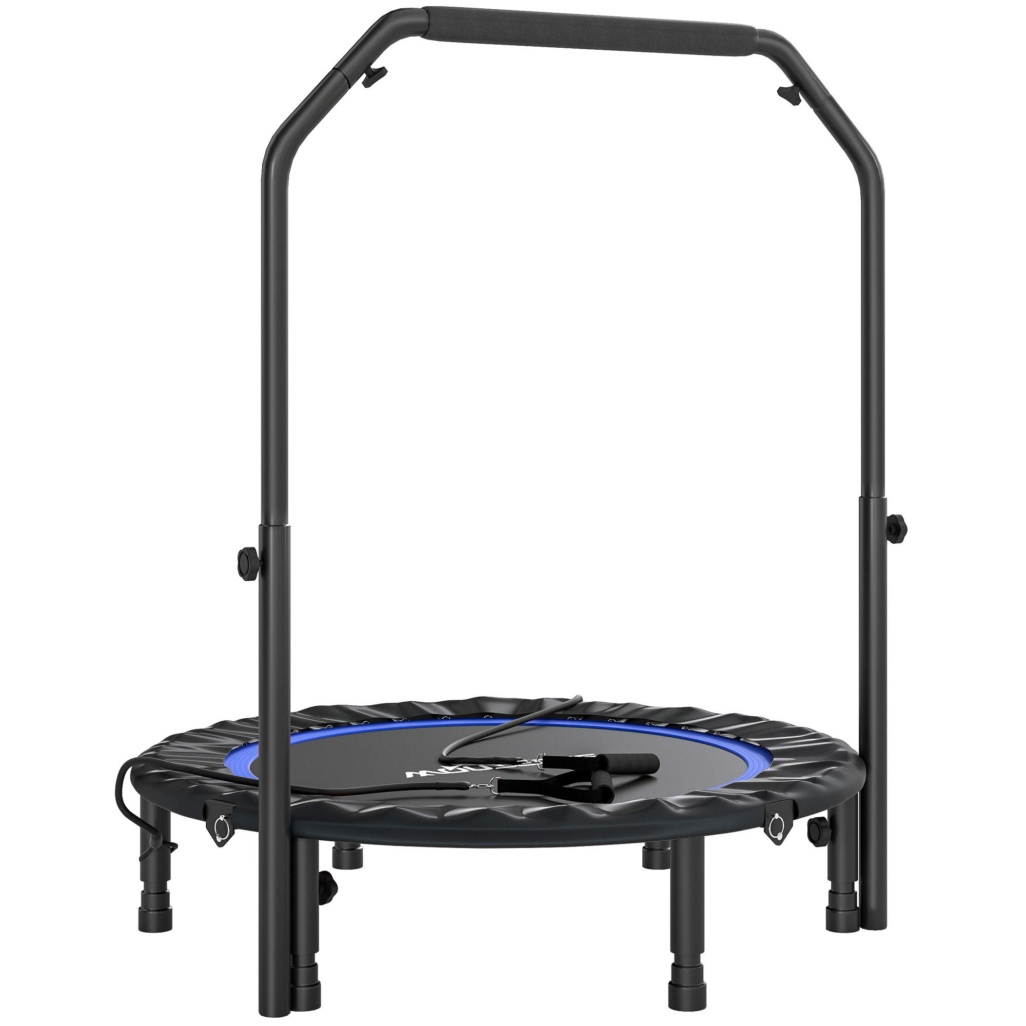 Trampolim de Fitness Ø102 cm Dobrável com Guiador Ajustável de 4 Níveis e Bandas para Treino de Pernas e Corpo Azul