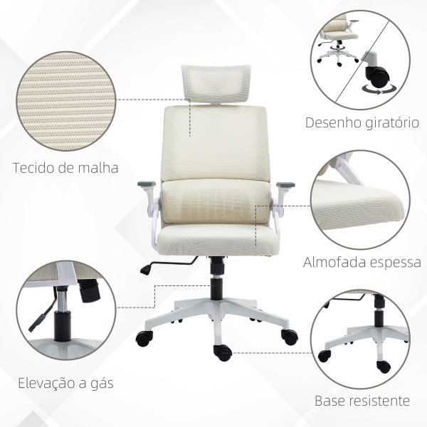 Cadeira de Escritório de Malha Giratória com Altura e Apoio para a Cabeça Ajustáveis 58x61x102 - 119 cm Bege