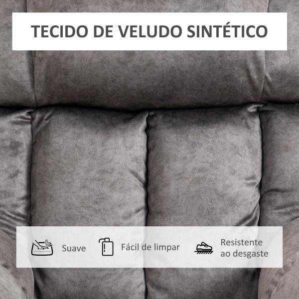 Poltrona Levanta Pessoas Estofada em Veludo com Reclinação Elétrica 135° e Apoio para os Pés 83x91x100 cm Cinza