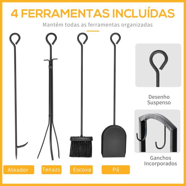 Suporte para Lenha de 2 Níveis Porta Lenha Exterior e Interior Metálico com 4 Ferramentas para Lareira Carga Máx. 100kg 40x30x74,5cm Preto