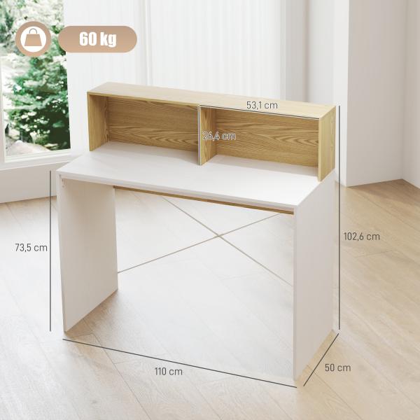 Secretária 110x50x102,6 cm Mesa de Escritório com 2 Compartimentos Abertos e Prateleira Branco e Madeira