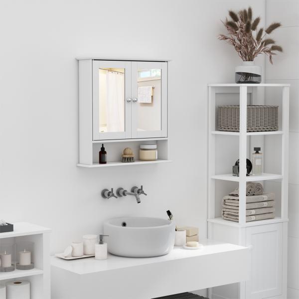 Armário de banheiro com parede de espelho com 2 portas 3 níveis de armazenamento de parede Cor Branco 56x13x58cm