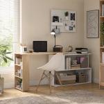 Mesa de Computador Secretária Mesa de Canto Giratória 360° com 5 Prateleiras 120x110x74,5 cm Madeira e Branco