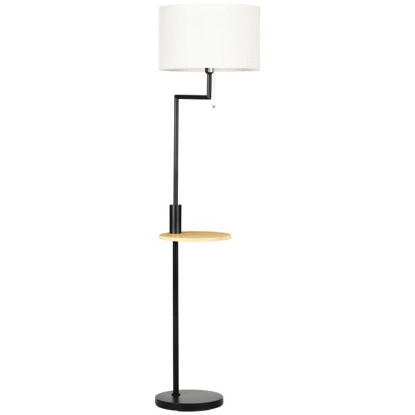 Candeeiro de Pé com Mesa Auxiliar Lâmpada E27 Máx. 40W Ecrã de Linho Interruptor de Corrente e Carregador USB Ø40x168cm Preto e Madeira