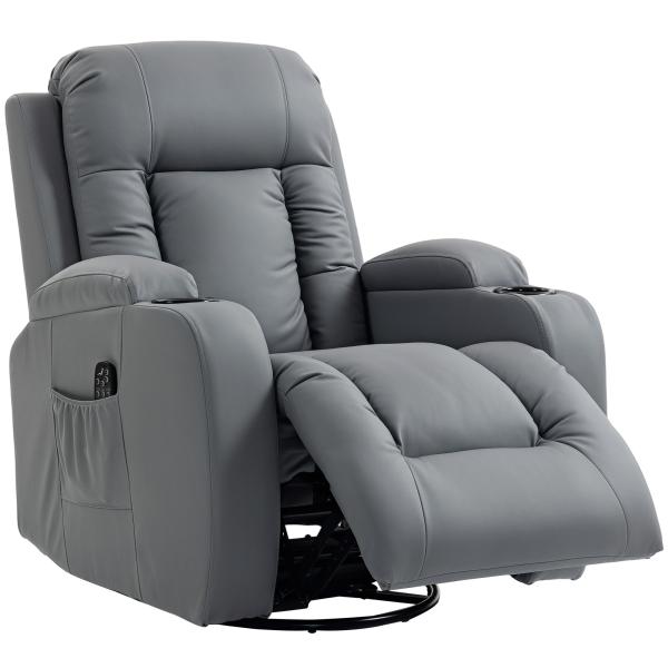 Poltrona de Massagem Giratória Poltrona Relax Reclinável com 8 Pontos de Massagem Função de Aquecimento 82x99x103 cm Cinzento