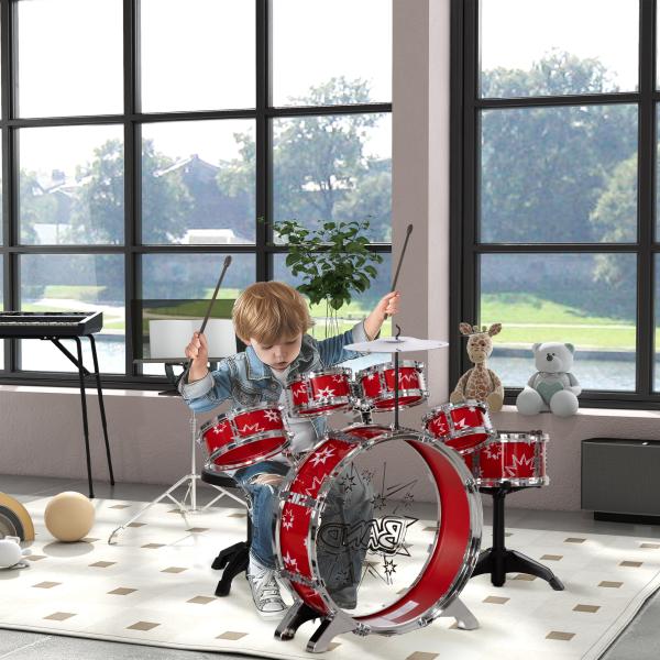 Bateria Infantil com Banco Bateria para Crianças acima de 3 Anos com Pedal e Baqueta Desenho de Estrelas 65x22x57 cm Vermelho