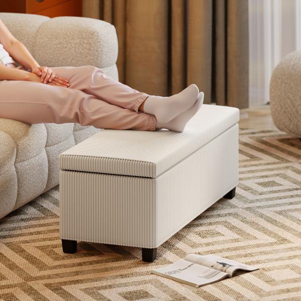 Banco de Arrumação Capacidade de 84 L Estofado em Veludo Banco Pé de Cama para Dormitório 112x42x40 cm Bege